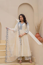 Thumbnail for Juniper Off-white Anarkali Kurta Set with Blue Embroidery and Organza Dupatta