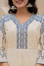 Thumbnail for Juniper Off-white Anarkali Kurta Set with Blue Embroidery and Organza Dupatta