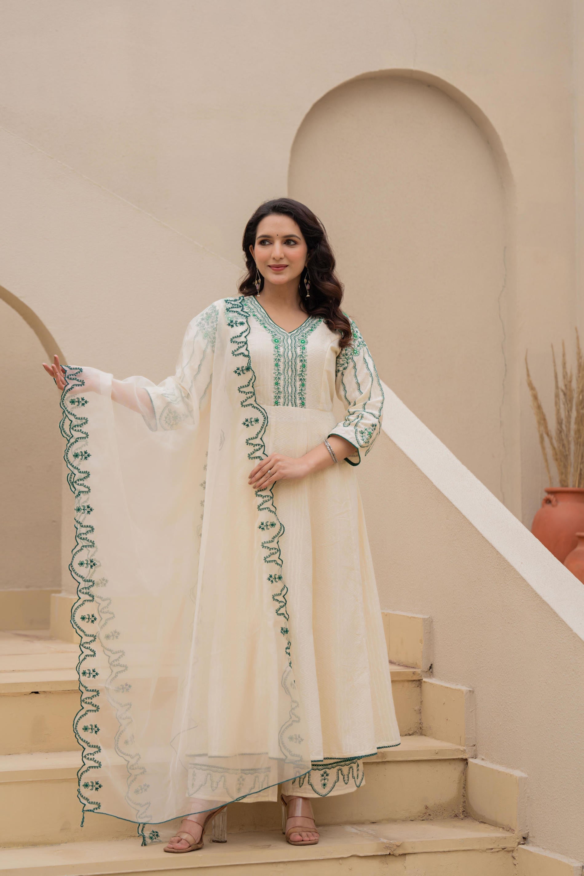 Juniper Off-white Anarkali Kurta Set with Green Embroidery and Organza Dupatta - Distacart
