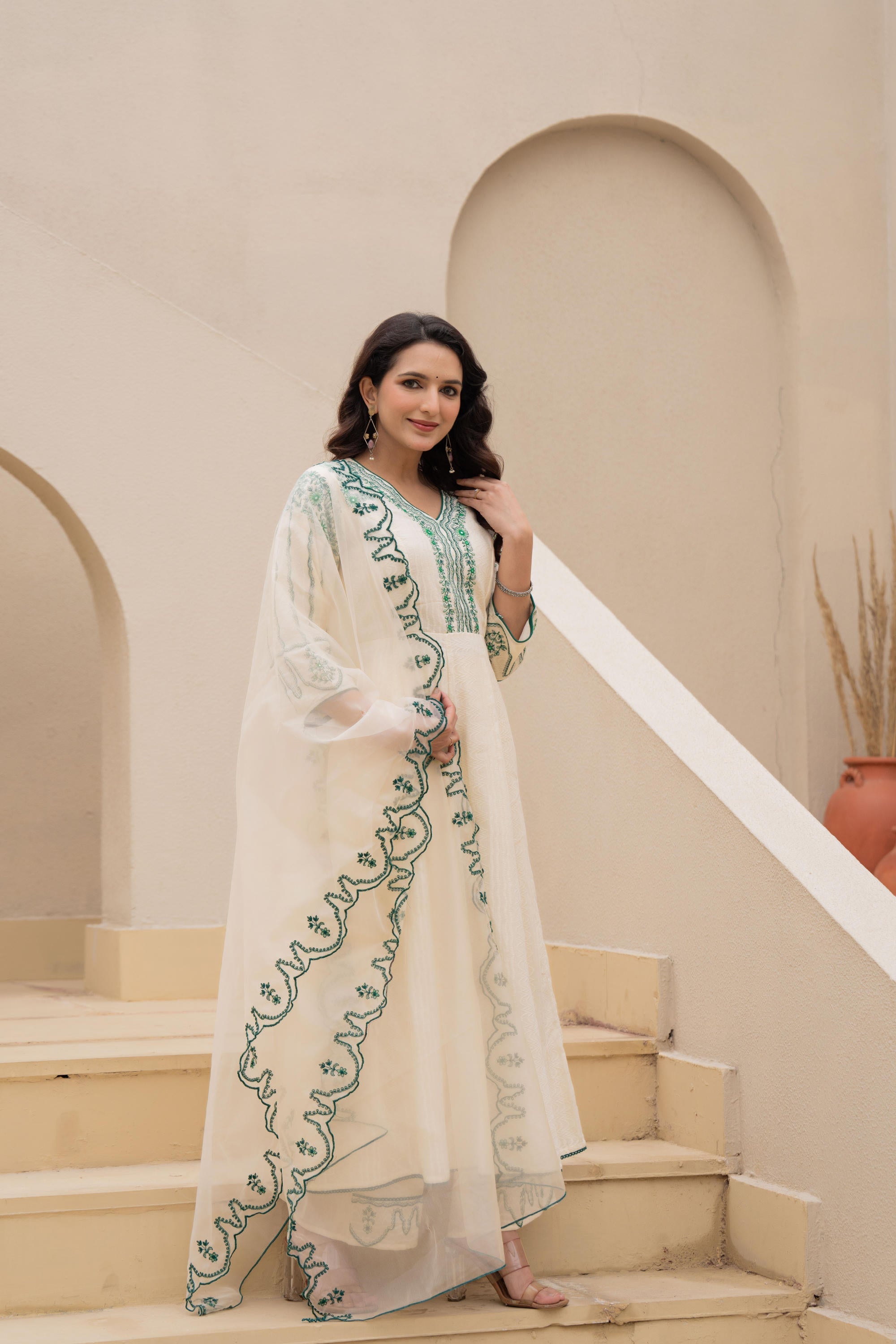 Juniper Off-white Anarkali Kurta Set with Green Embroidery and Organza Dupatta
