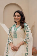 Thumbnail for Juniper Off-White Anarkali Kurta Set With Green Embroidery And Organza Dupatta - Distacart
