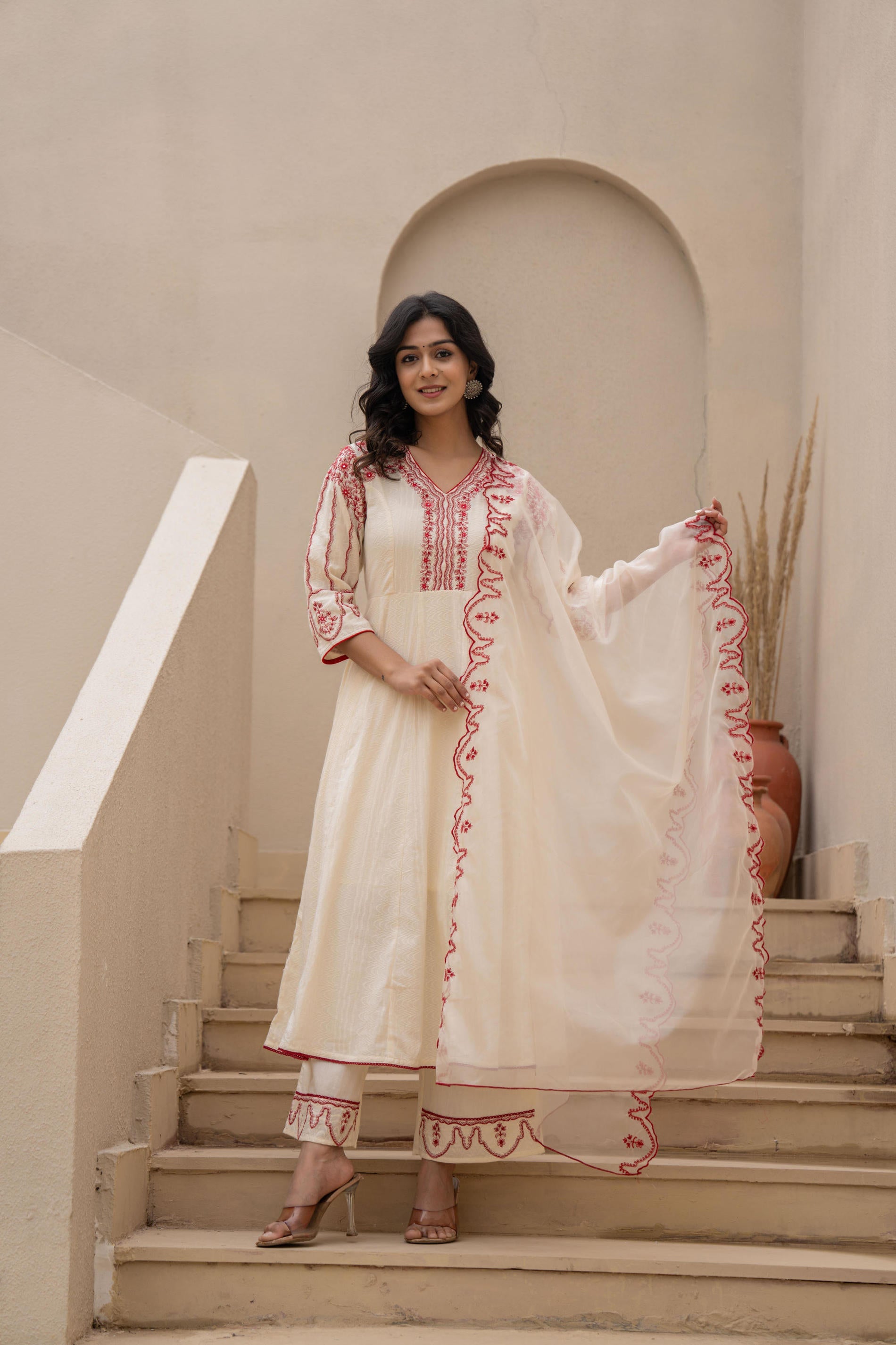 Juniper Off-white Anarkali Kurta Set with Red Embroidery and Organza Dupatta