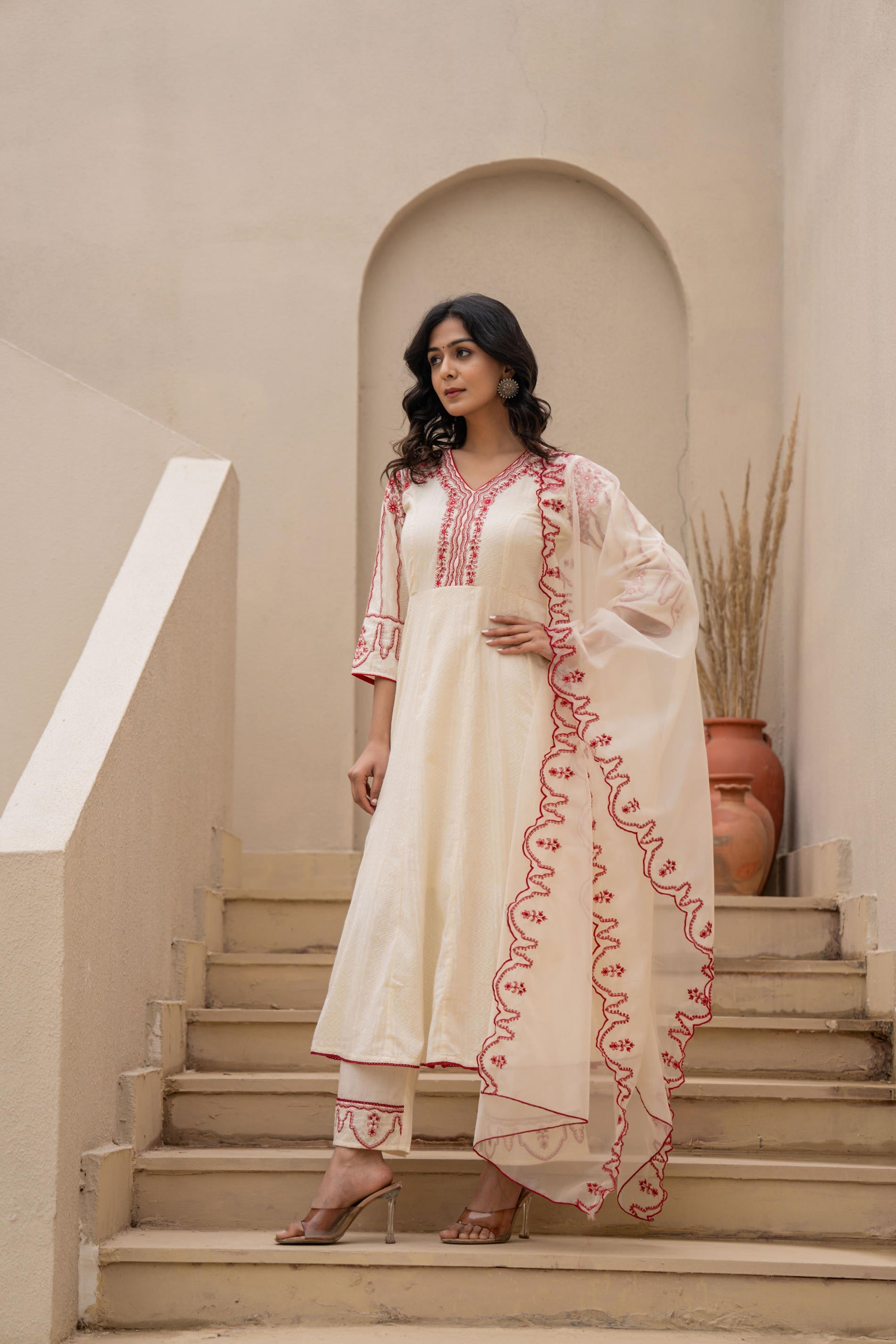 Juniper Off-white Anarkali Kurta Set with Red Embroidery and Organza Dupatta
