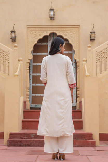 Juniper Off White & Red Solid Cotton Kurta & Pant Set With Dupatta - Distacart