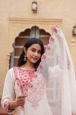Thumbnail for Juniper Off White & Red Solid Cotton Kurta & Pant Set With Dupatta - Distacart