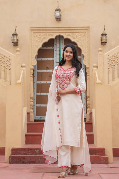 Juniper Off White & Red Solid Cotton Kurta & Pant Set With Dupatta - Distacart