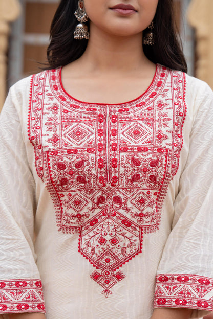 Juniper Off White & Red Solid Cotton Kurta & Pant Set With Dupatta - Distacart