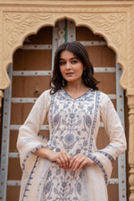 Thumbnail for Juniper Off White & Indigo Blue Floral Embroidered Ethnic Suit Set with Dupatta