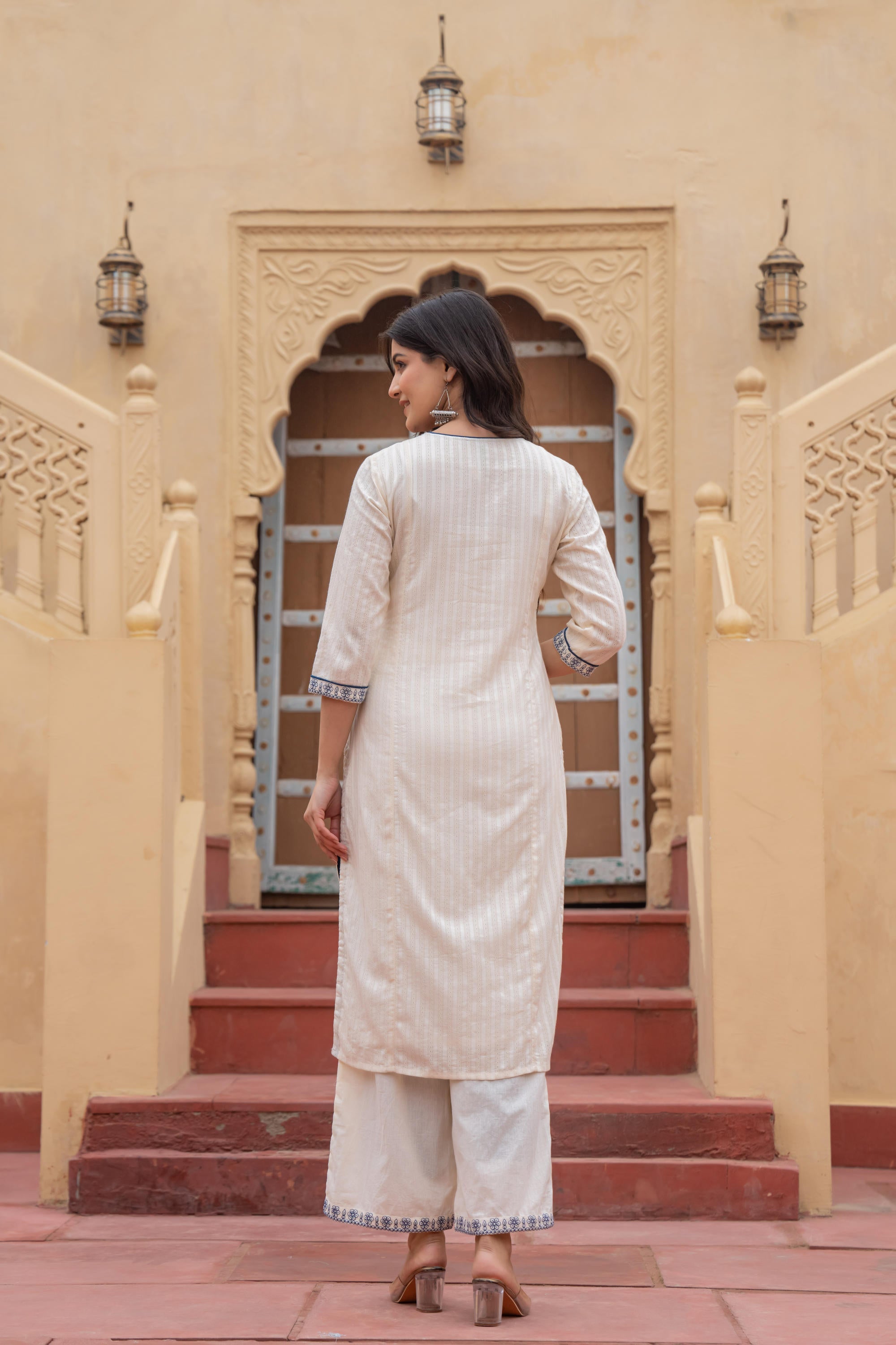 Juniper Off White & Indigo Blue Floral Embroidered Ethnic Suit Set with Dupatta
