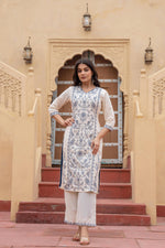 Thumbnail for Juniper Off White & Indigo Blue Floral Embroidered Ethnic Suit Set with Dupatta