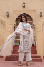 Thumbnail for Juniper Off White & Indigo Blue Floral Embroidered Ethnic Suit Set with Dupatta