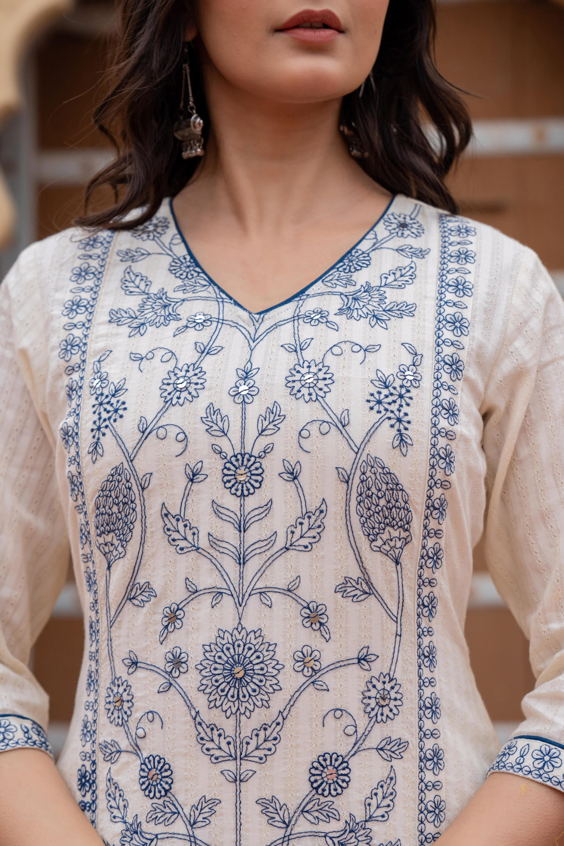 Juniper Off White & Indigo Blue Floral Embroidered Ethnic Suit Set with Dupatta