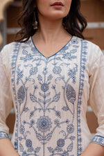 Thumbnail for Juniper Off White & Indigo Blue Floral Embroidered Ethnic Suit Set with Dupatta