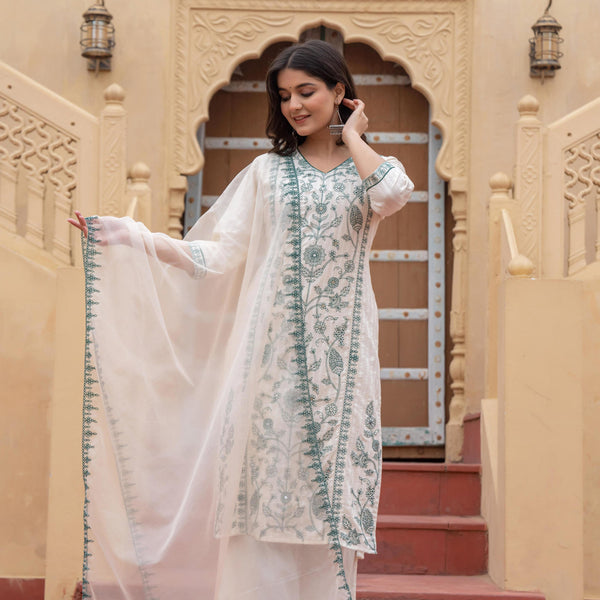 Juniper Off White & Green Floral Embroidered Ethnic Suit Set with Dupatta