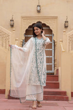 Thumbnail for Juniper Off White & Green Floral Embroidered Ethnic Suit Set With Dupatta