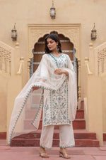 Thumbnail for Juniper Off White & Green Floral Embroidered Ethnic Suit Set With Dupatta
