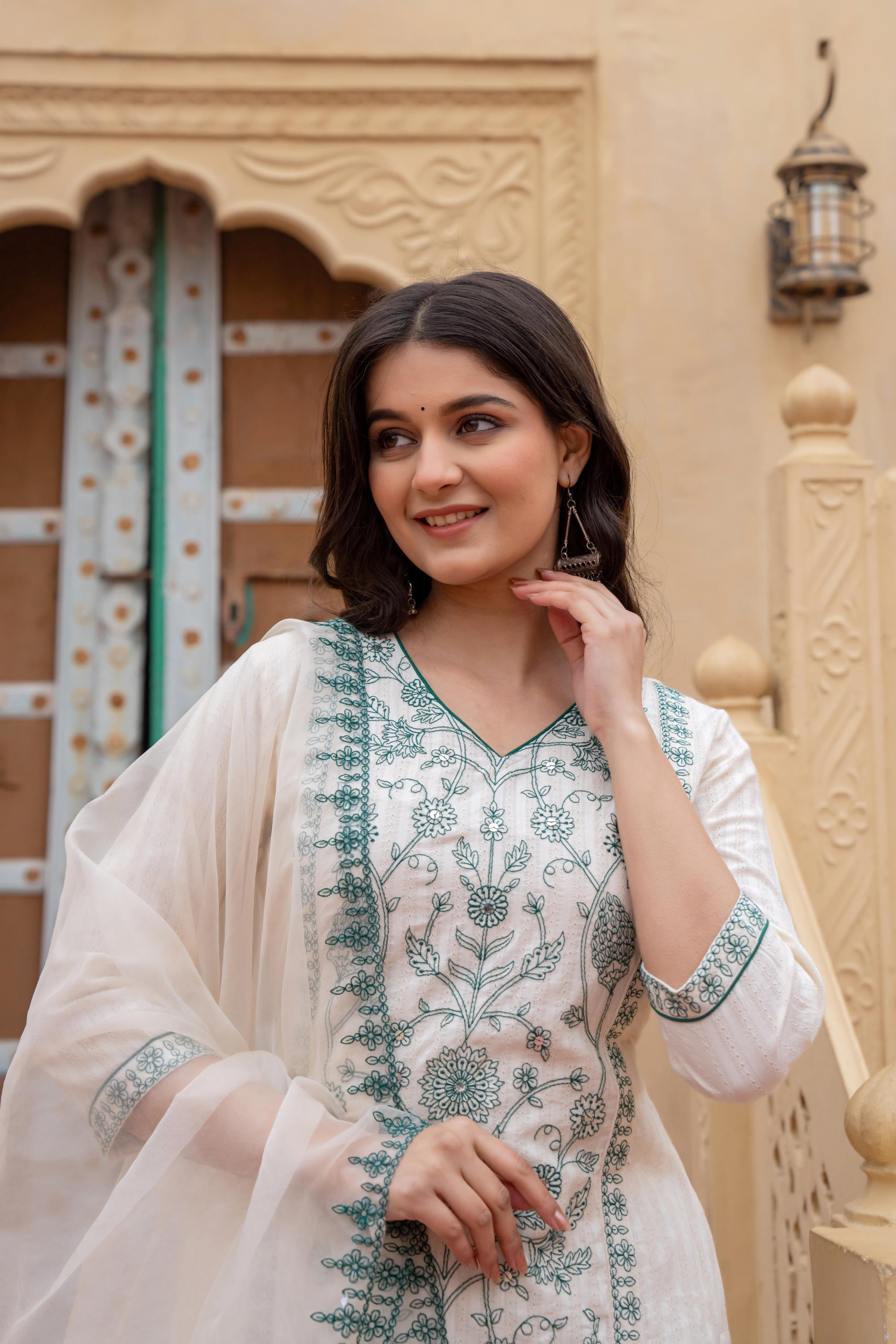 Juniper Off White & Green Floral Embroidered Ethnic Suit Set With Dupatta