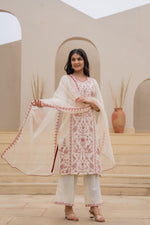 Thumbnail for Juniper Off White & Red Floral Embroidered Ethnic Suit Set with Dupatta