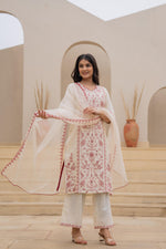 Thumbnail for Juniper Off White & Red Floral Embroidered Ethnic Suit Set With Dupatta - Distacart