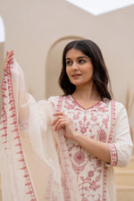 Thumbnail for Juniper Off White & Red Floral Embroidered Ethnic Suit Set with Dupatta