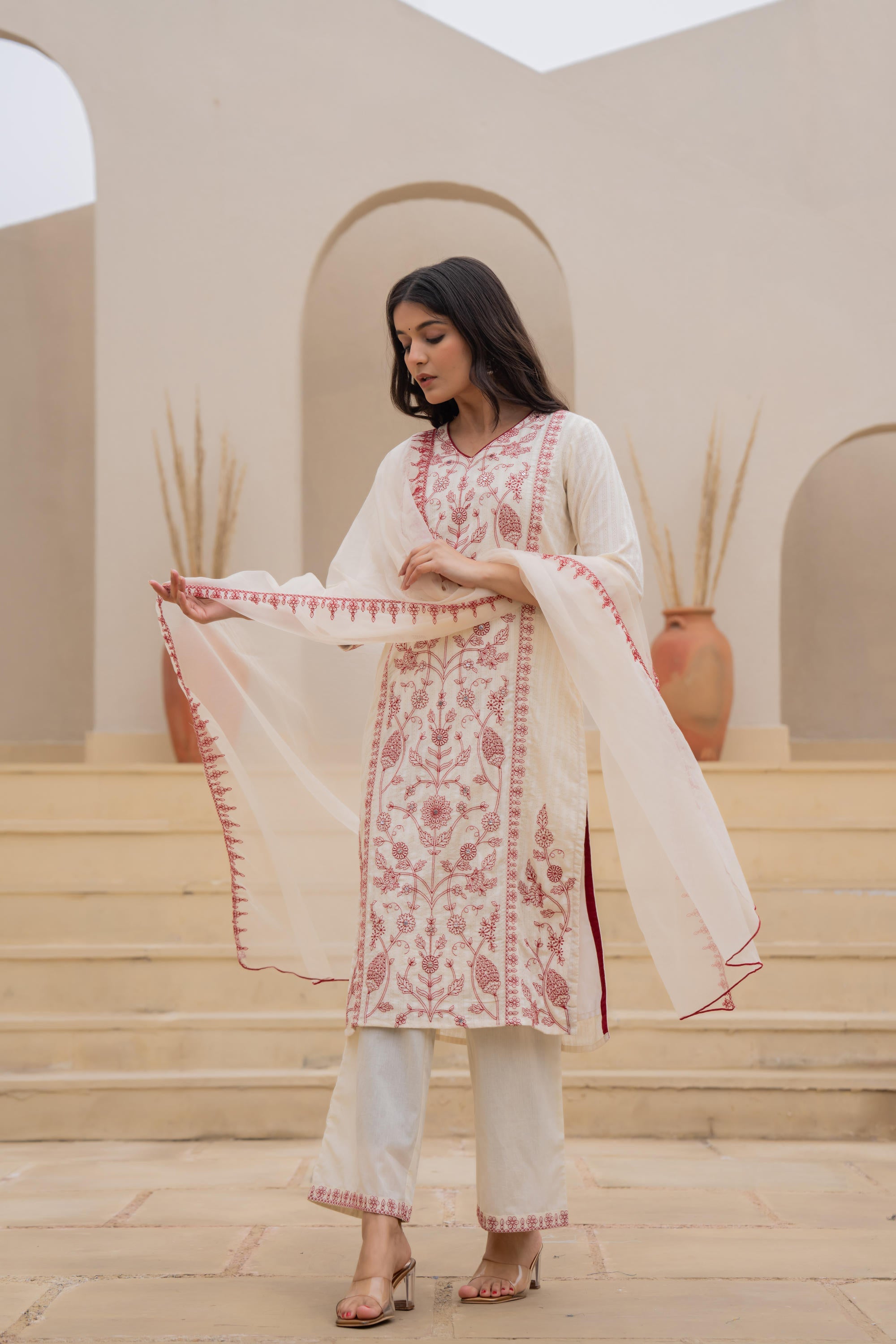 Juniper Off White & Red Floral Embroidered Ethnic Suit Set with Dupatta