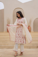 Thumbnail for Juniper Off White & Red Floral Embroidered Ethnic Suit Set with Dupatta