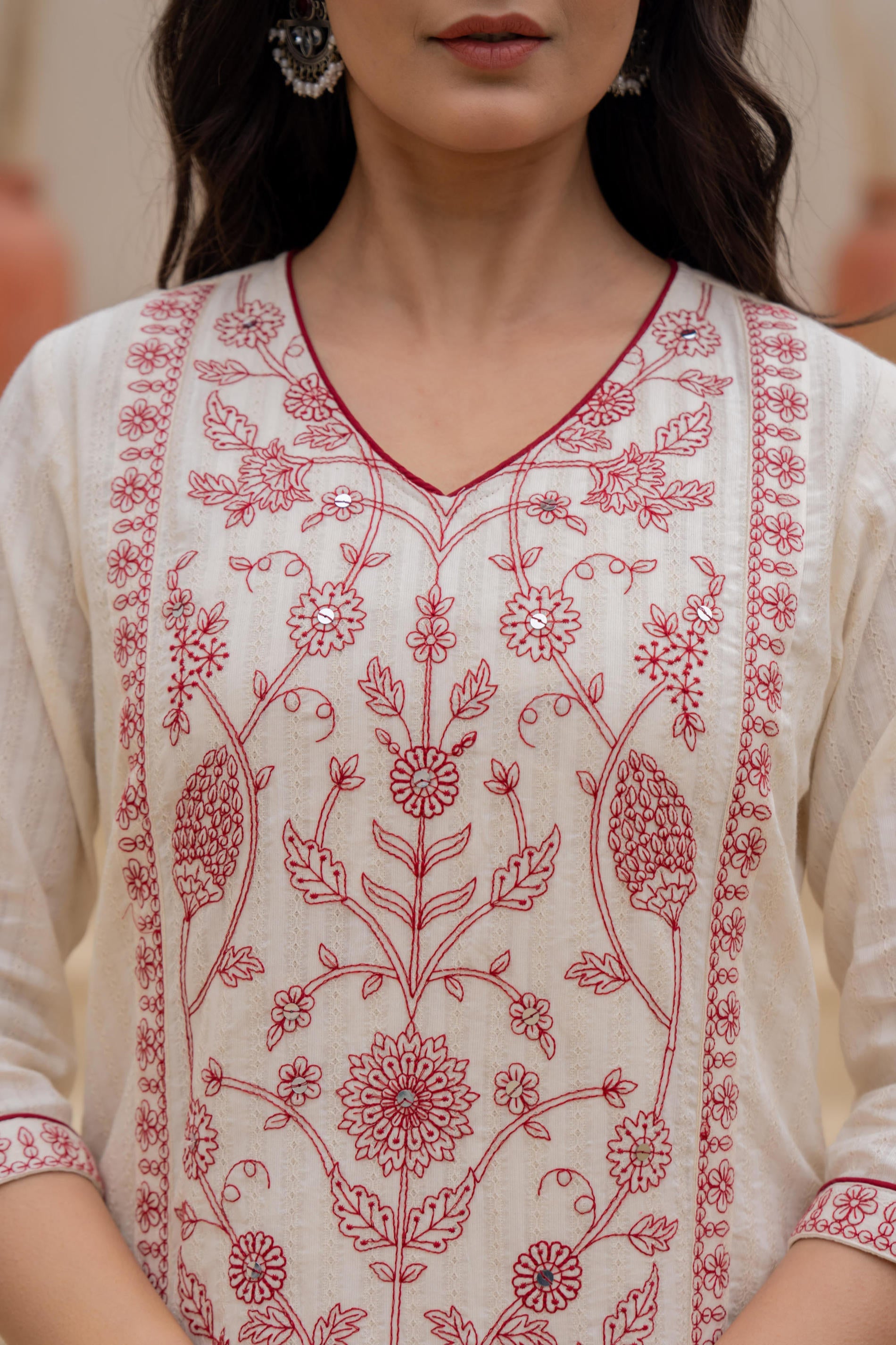 Juniper Off White & Red Floral Embroidered Ethnic Suit Set with Dupatta