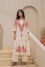 Thumbnail for Juniper Off White & Red Solid Cotton Kurta Pant & Shrug With Thread Work