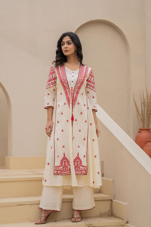 Juniper Off White & Red Solid Cotton Kurta Pant & Shrug With Thread Work