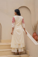 Thumbnail for Juniper Off White & Red Solid Cotton Kurta Pant & Shrug With Thread Work