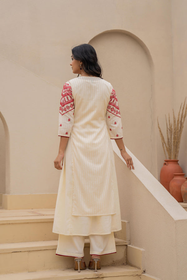 Juniper Off White & Red Solid Cotton Kurta Pant & Shrug With Thread Work