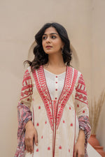 Thumbnail for Juniper Off White & Red Solid Cotton Kurta Pant & Shrug With Thread Work