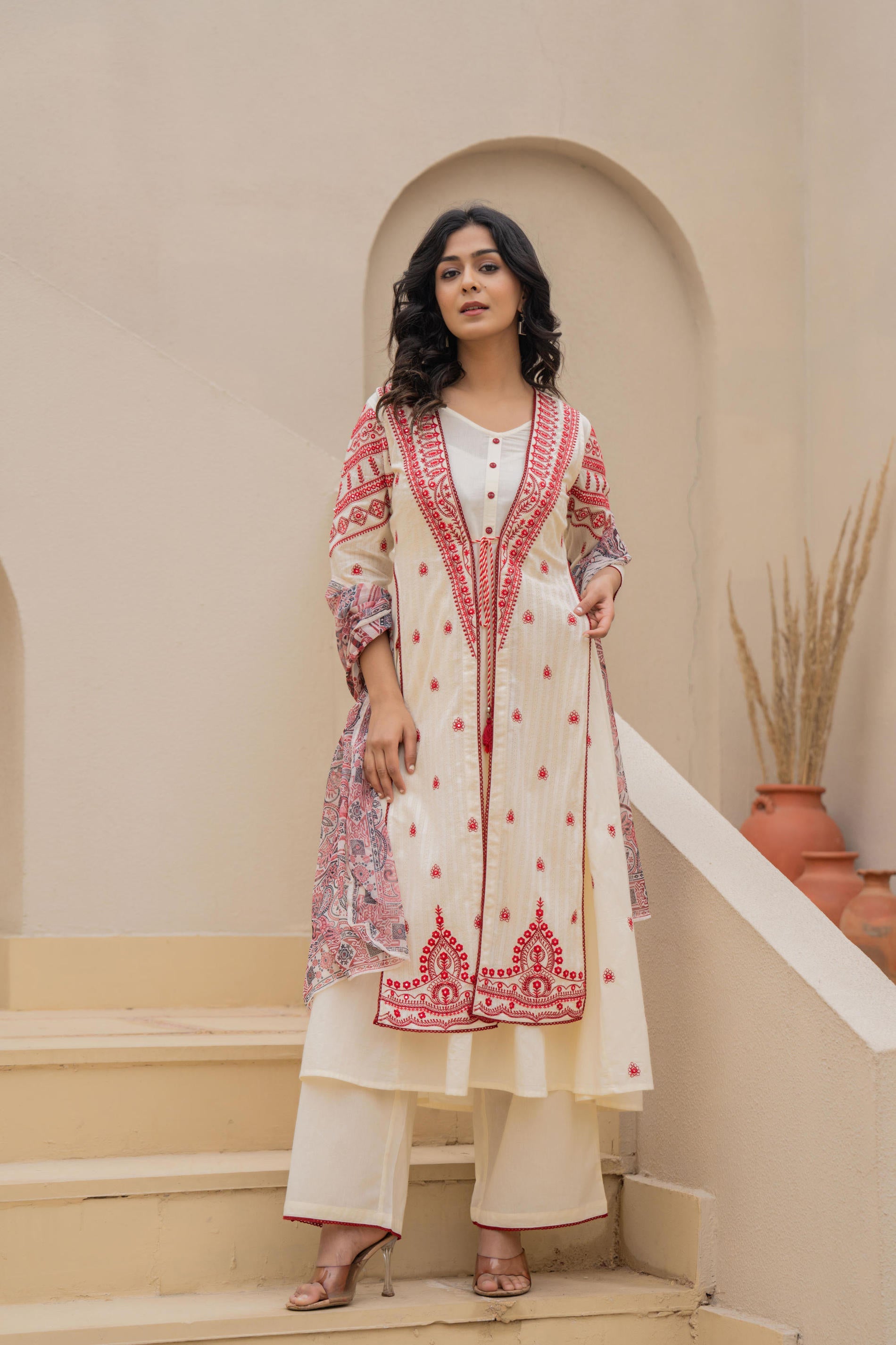 Juniper Off White & Red Solid Cotton Kurta Pant & Shrug With Thread Work