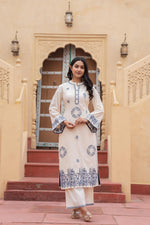 Thumbnail for Juniper Off White & Navy Blue Embroidered Straight Kurta Set With Contrast Detailing - Distacart
