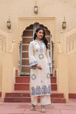 Thumbnail for Juniper Off White & Navy Blue Embroidered Straight Kurta Set with Contrast Detailing