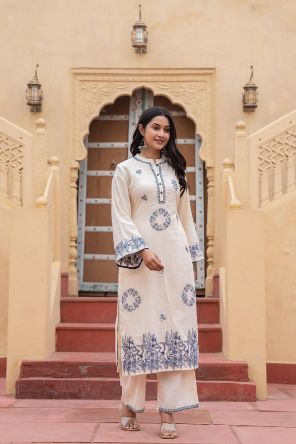 Juniper Off White & Navy Blue Embroidered Straight Kurta Set with Contrast Detailing