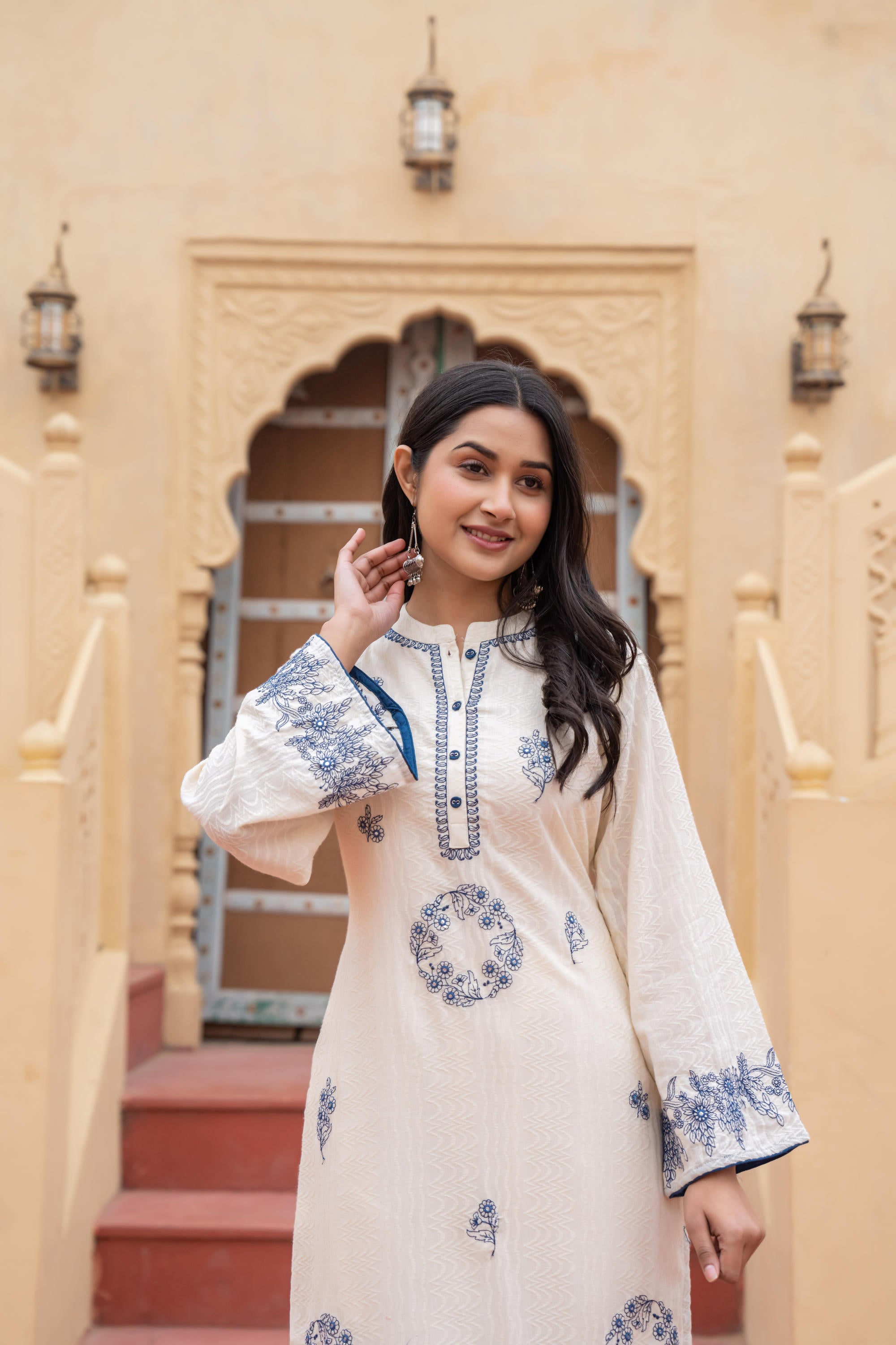 Juniper Off White & Navy Blue Embroidered Straight Kurta Set with Contrast Detailing