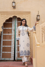 Thumbnail for Juniper Off White & Navy Blue Embroidered Straight Kurta Set with Contrast Detailing