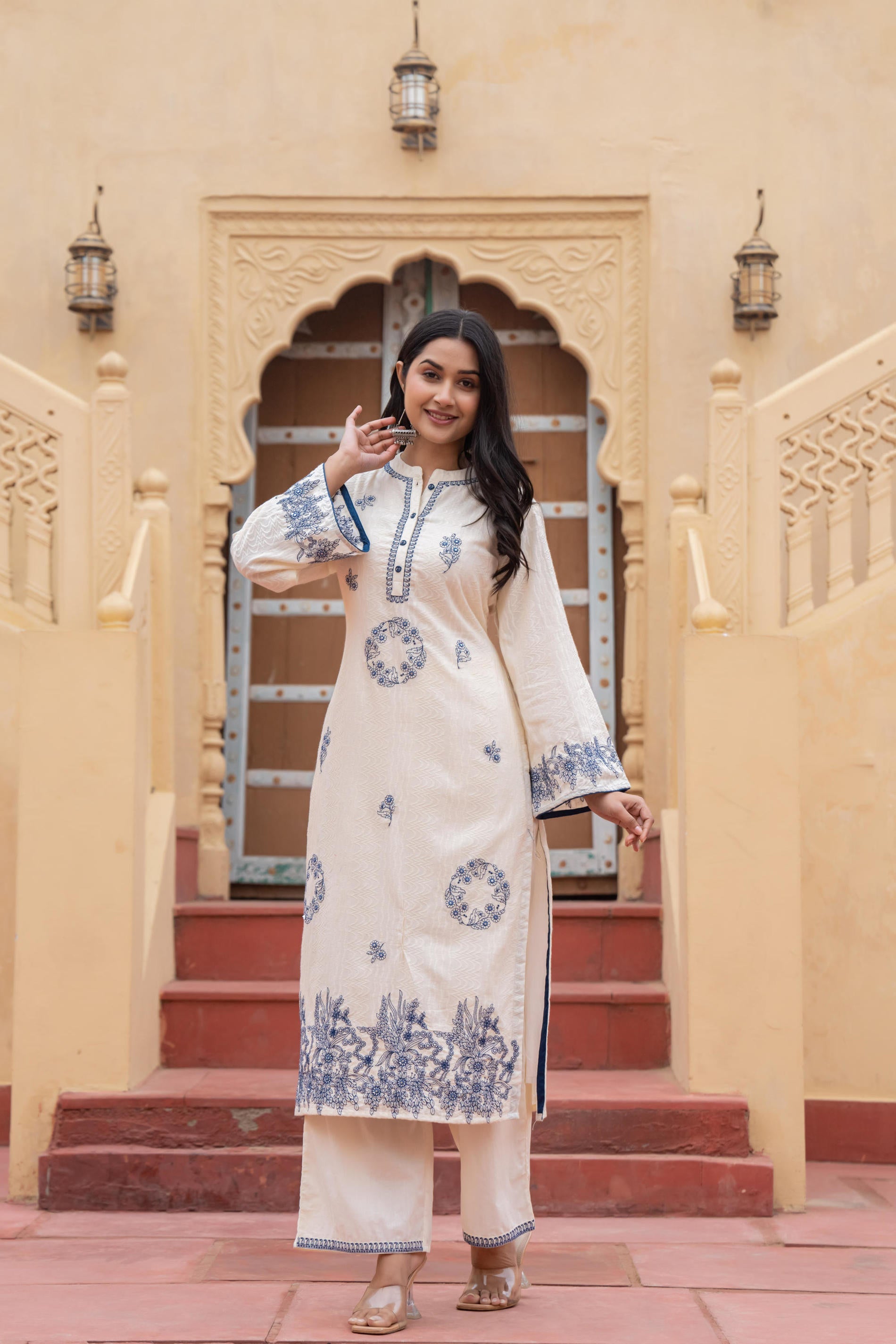Juniper Off White & Navy Blue Embroidered Straight Kurta Set with Contrast Detailing
