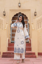 Thumbnail for Juniper Off White & Navy Blue Embroidered Straight Kurta Set with Contrast Detailing