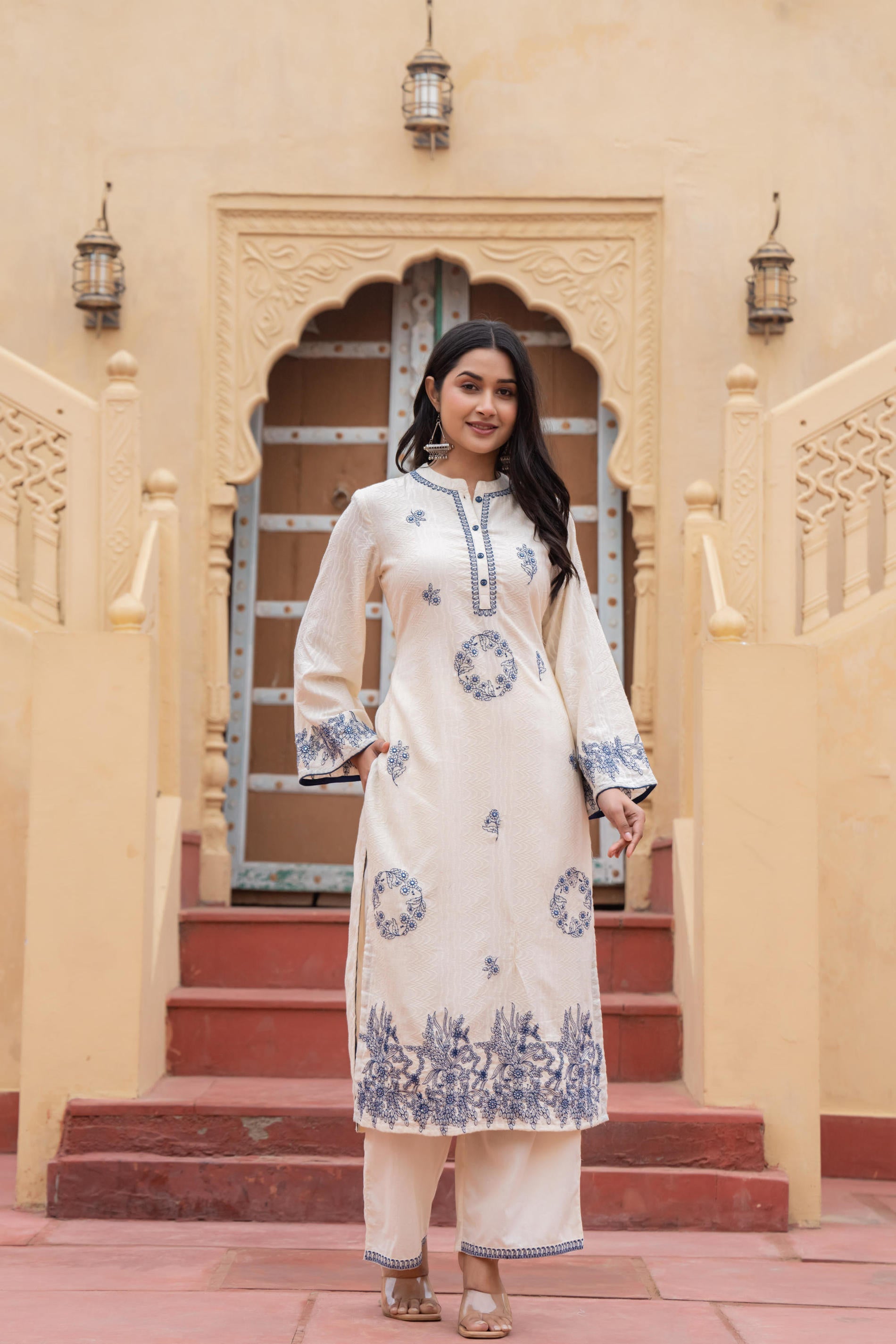 Juniper Off White & Navy Blue Embroidered Straight Kurta Set with Contrast Detailing