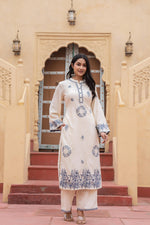 Thumbnail for Juniper Off White & Navy Blue Embroidered Straight Kurta Set with Contrast Detailing