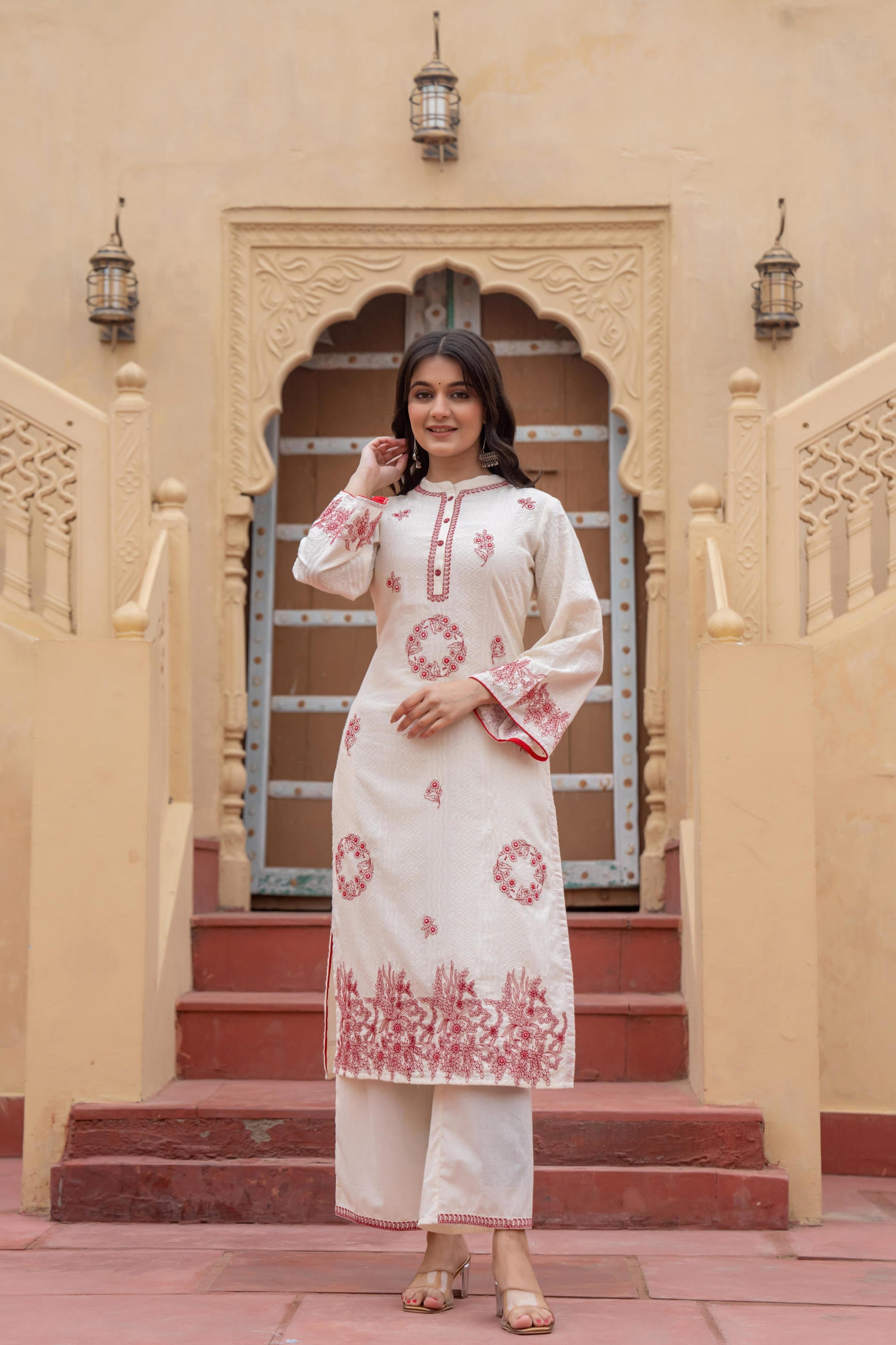 Juniper Off White & Red Embroidered Straight Kurta Set with Contrast Detailing - Distacart