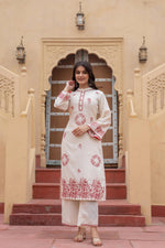 Thumbnail for Juniper Off White & Red Embroidered Straight Kurta Set With Contrast Detailing - Distacart