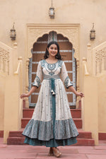 Thumbnail for Juniper Off White & Teal Green Embroidered Tiered Ethnic Dress With Inner Layer