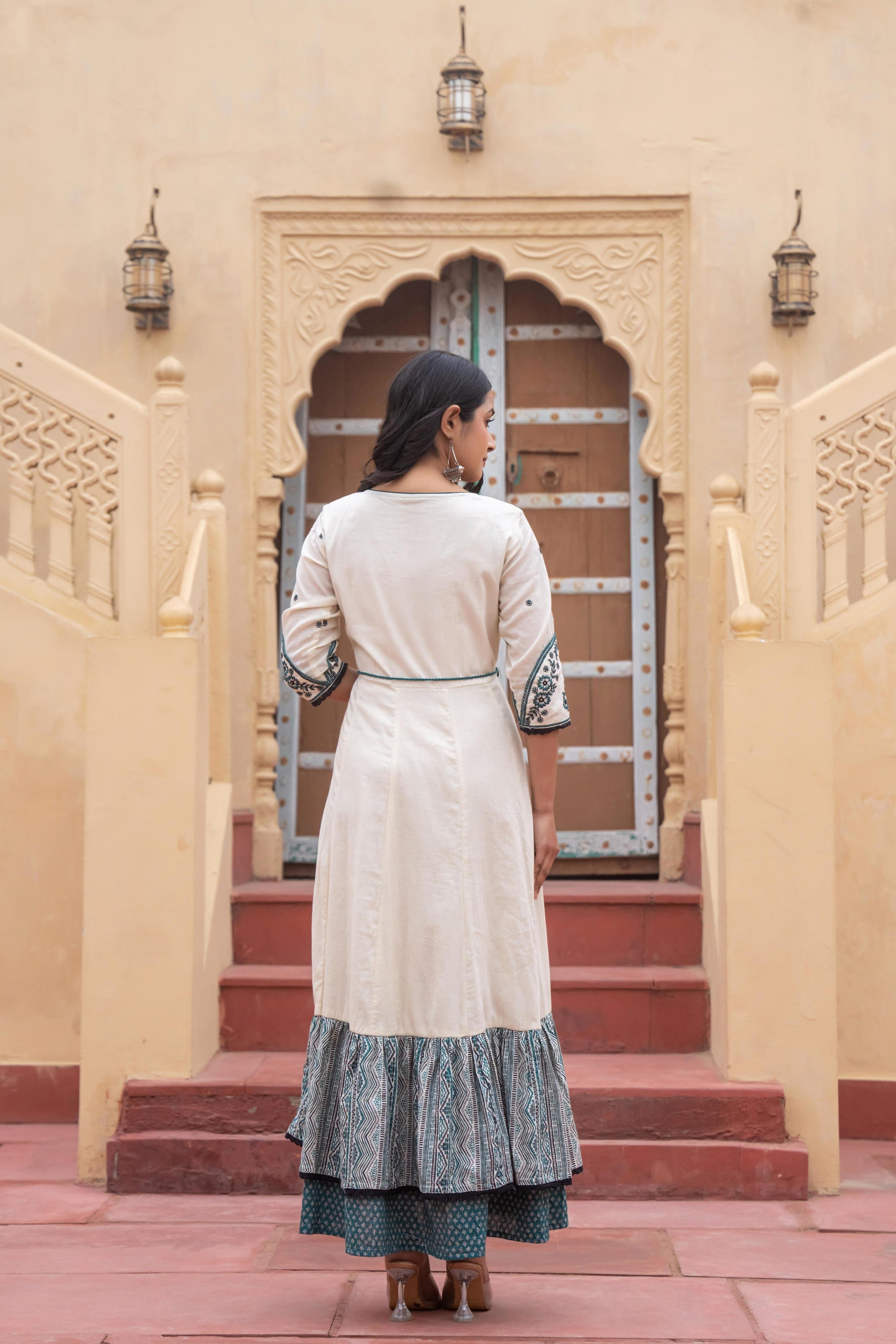 Juniper Off White & Teal Green Embroidered Tiered Ethnic Dress with Inner Layer