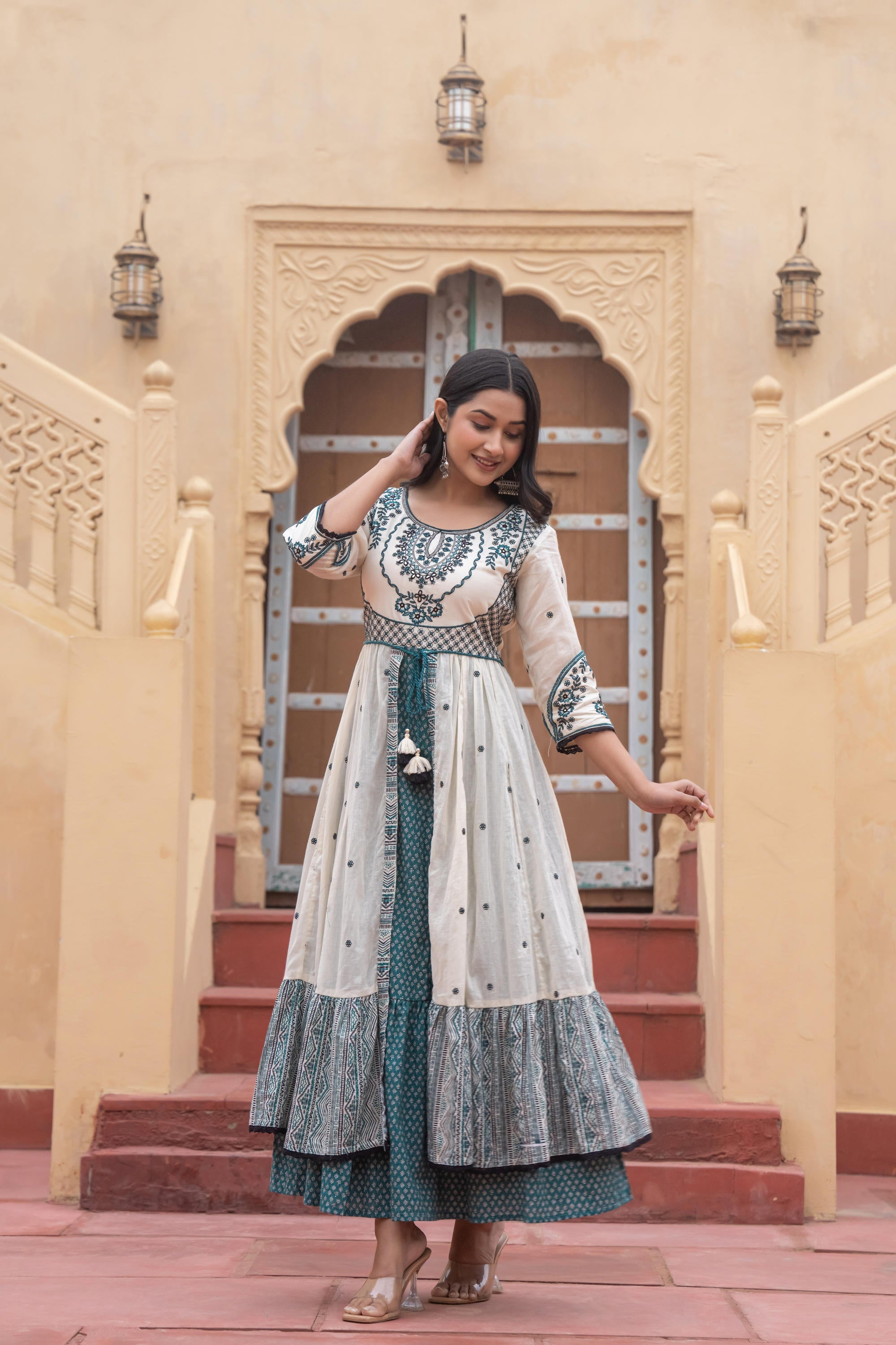 Juniper Off White & Teal Green Embroidered Tiered Ethnic Dress with Inner Layer