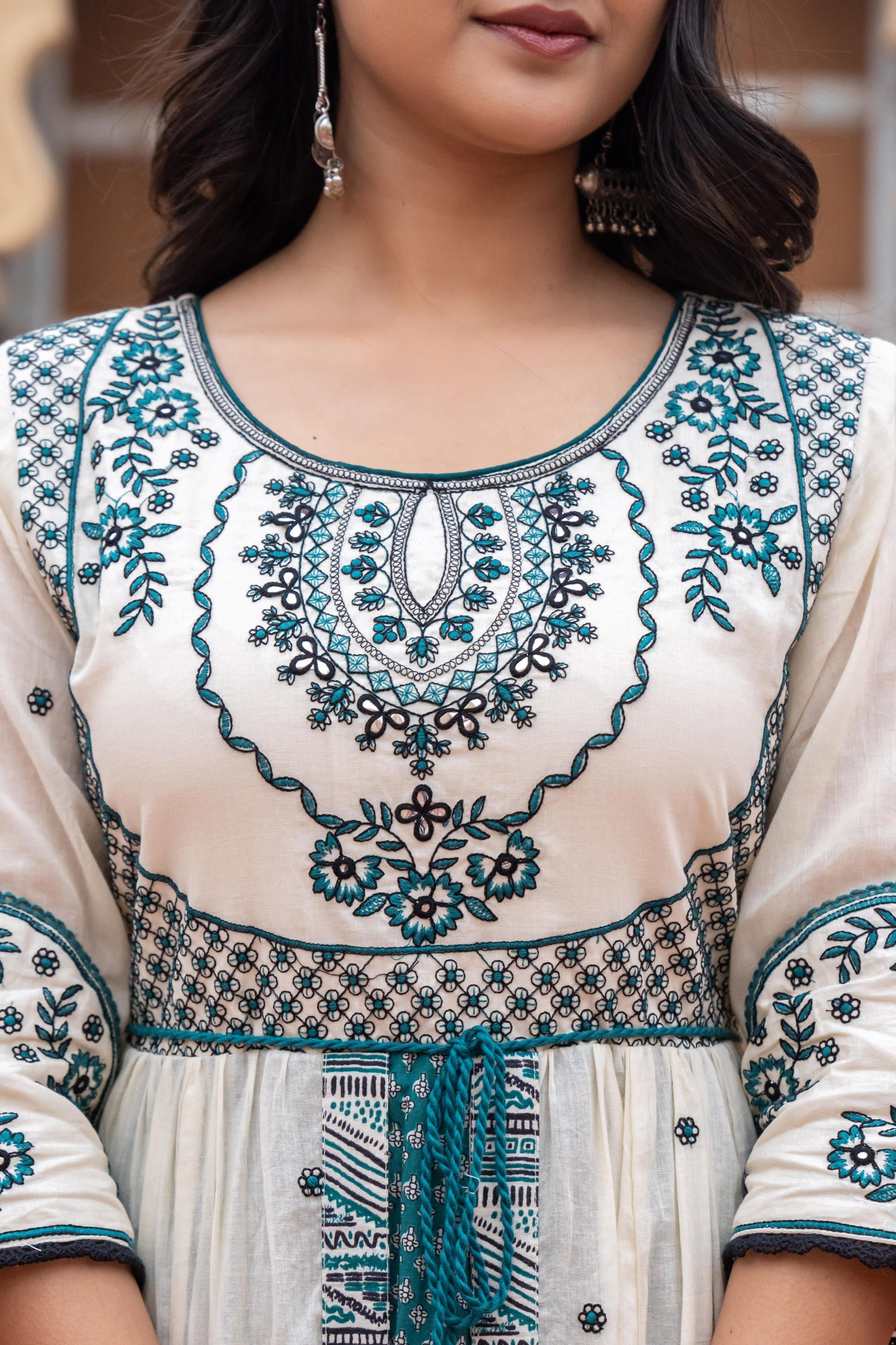 Juniper Off White & Teal Green Embroidered Tiered Ethnic Dress with Inner Layer