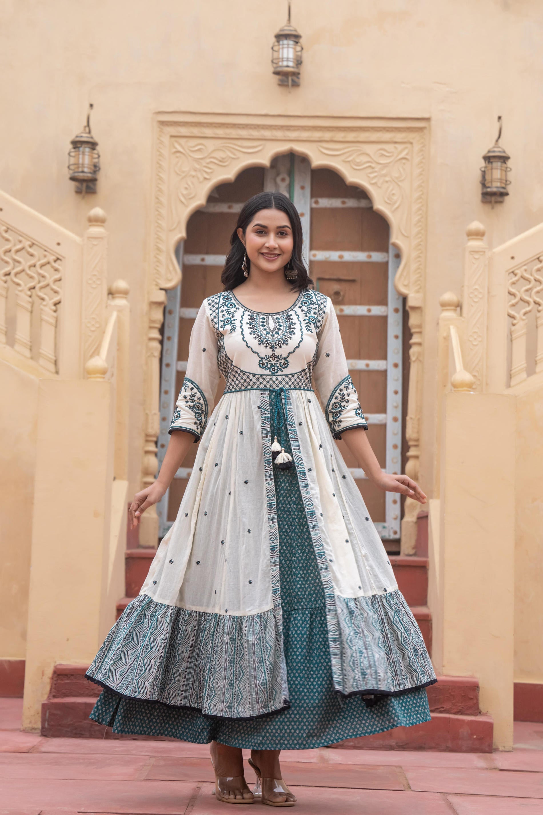 Juniper Off White & Teal Green Embroidered Tiered Ethnic Dress with Inner Layer