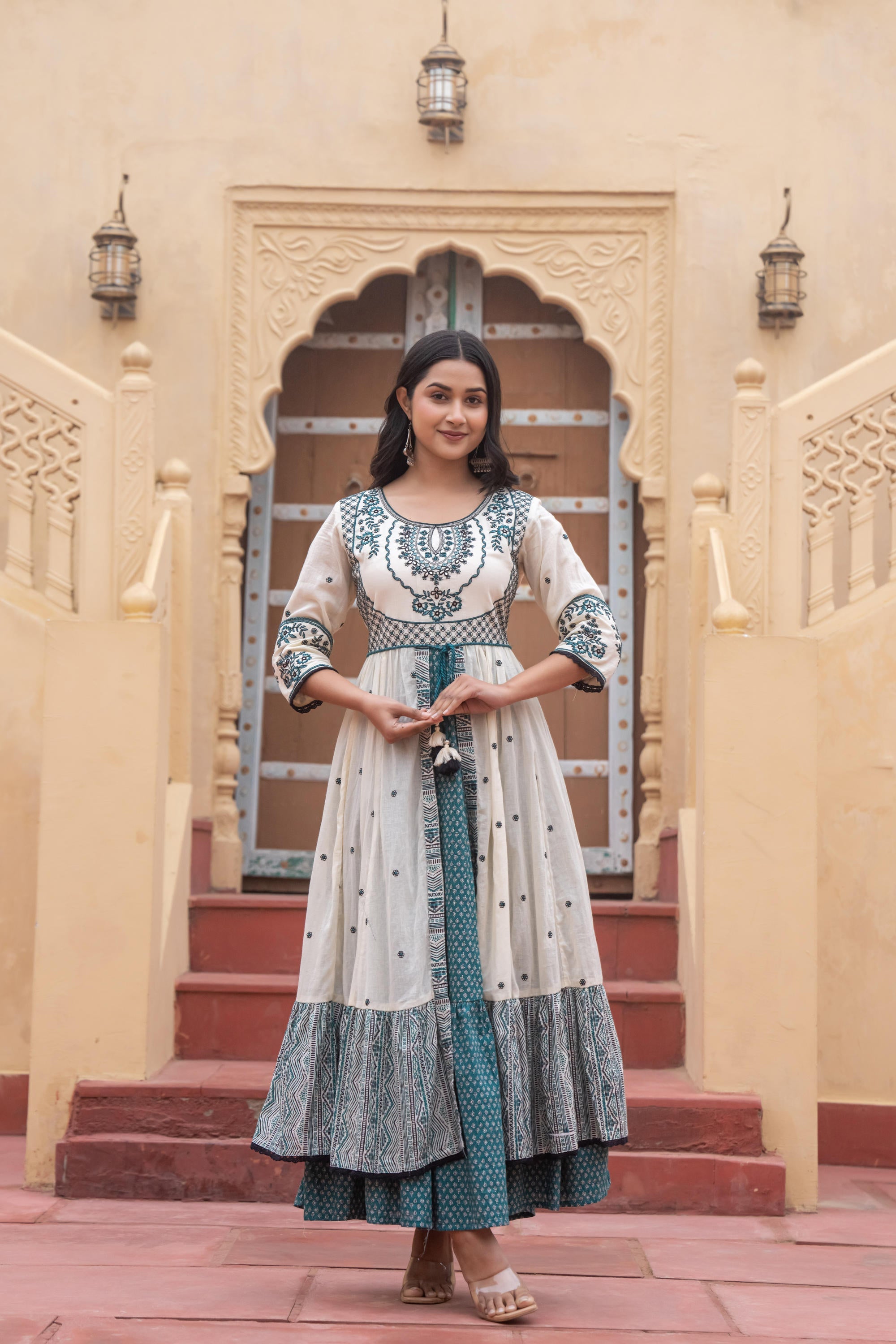 Juniper Off White & Teal Green Embroidered Tiered Ethnic Dress with Inner Layer